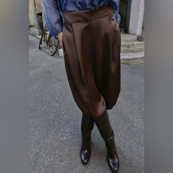 Zara SATIN BROWN BALLOON PANTS XL NWT - Picture 9 of 16